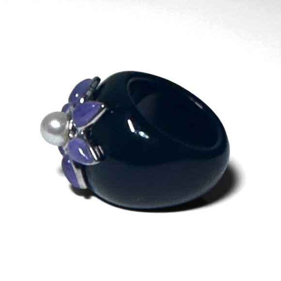 Sterling Silver 925 Onyx Statement Ring w/ Floral Pearl & Amethyst Cabochons  7 - Picture 6 of 13